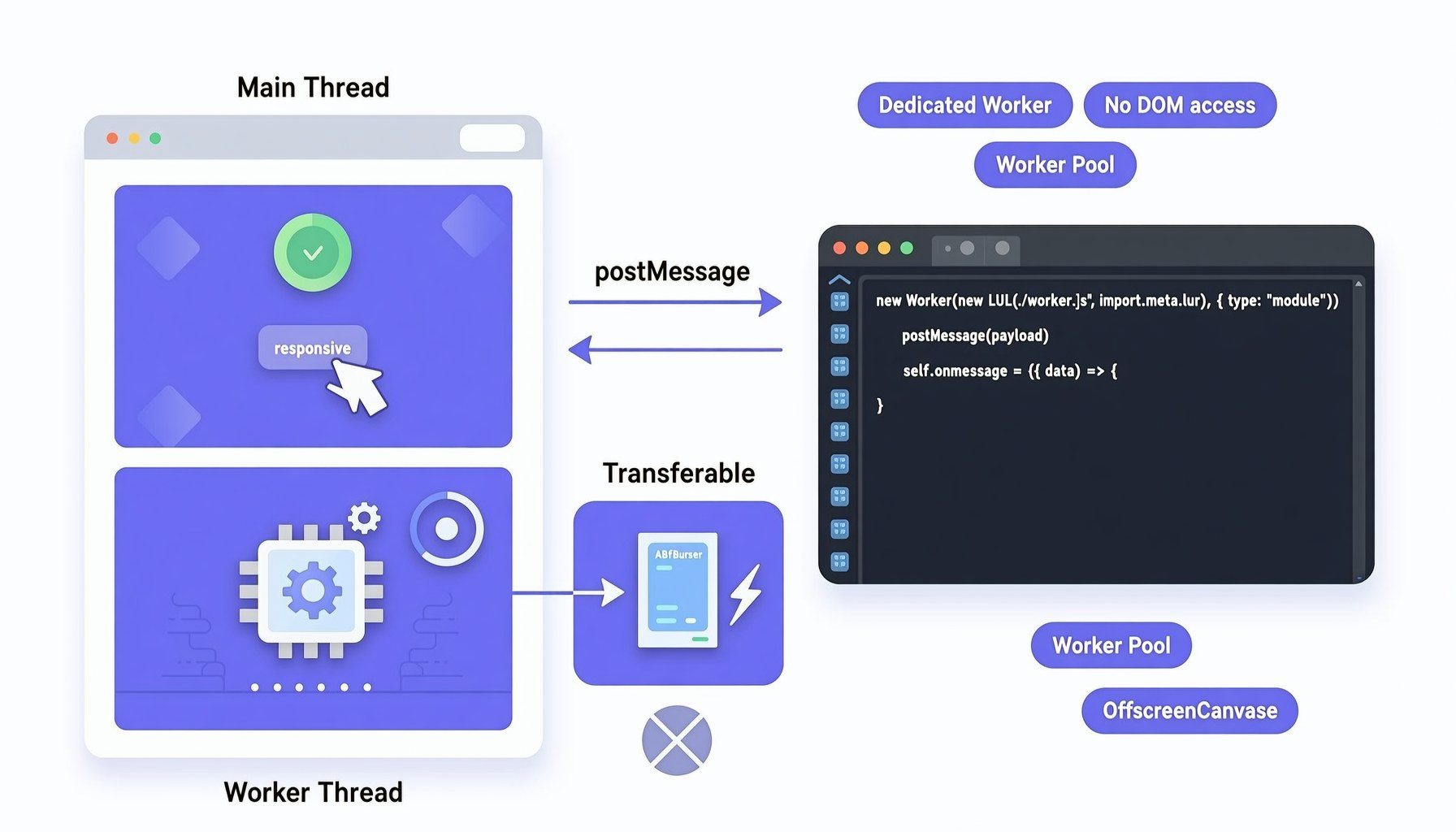 Minh họa JavaScript Web Workers với main thread, worker thread riêng và cơ chế postMessage